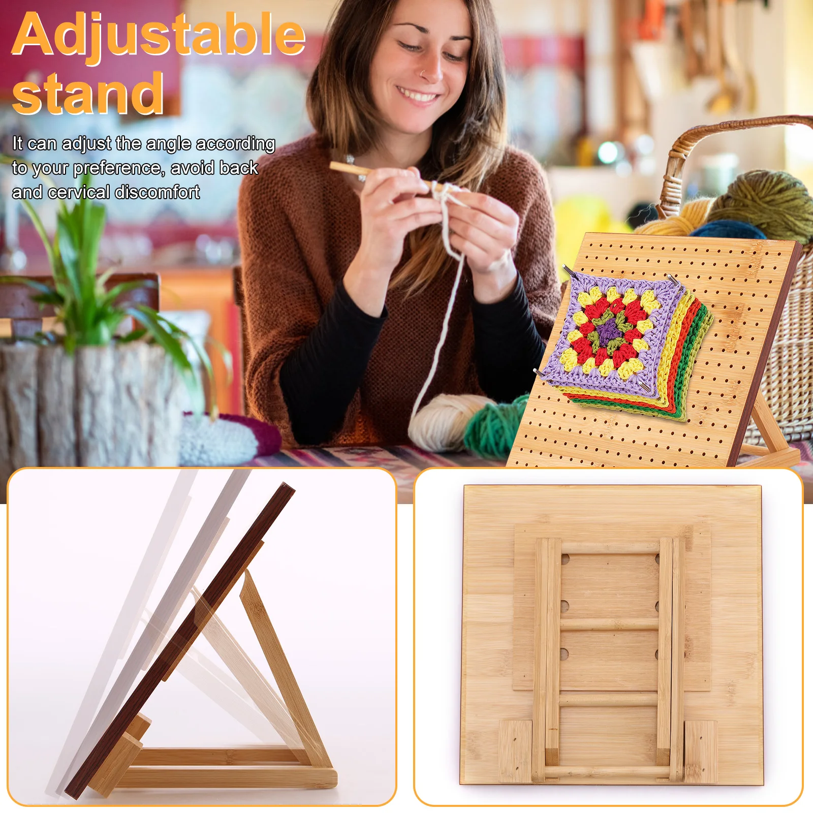Premium Bamboo Crochet Blocking Board with Adjustable Stand - Reusable Wooden Crafting Tool for Granny Squares, 9.8/11.4 inch