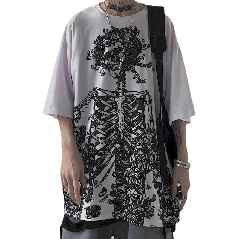 Men T-shirt Summer Dark Tee High Street Gothic Skull Tshirt Loose Oversized Short-sleeved Cotton Tshirt Anime Streetwear Men Top