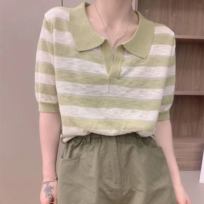 

2024 NewKorean Style Commuter Casual Slim Fit Versatile Knit Short Sleeved Polo Neck Contrasting Striped Women's T-shirt Top