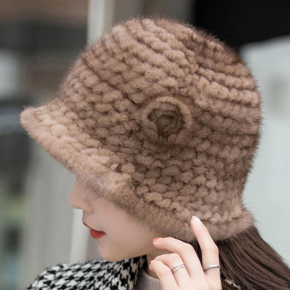 Women Hat Woman Hat Winter Solid Mink Caps With Flower Natural Mink Fur Hats New Russian Girl Soft Knitting Real Fur Bucket Hats Warm