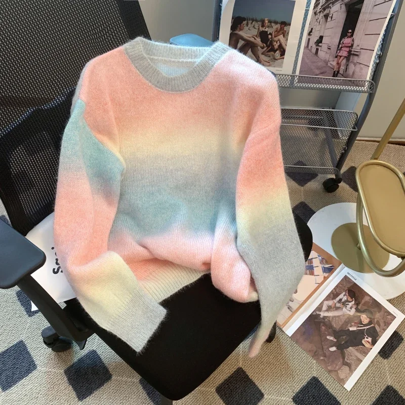 

Loose Vintage Women's Sweaters Cashmere Pullover Autumn/Winter Korean Clothing Long Sleeve Colourful O-Neck Knitwear Jumpers