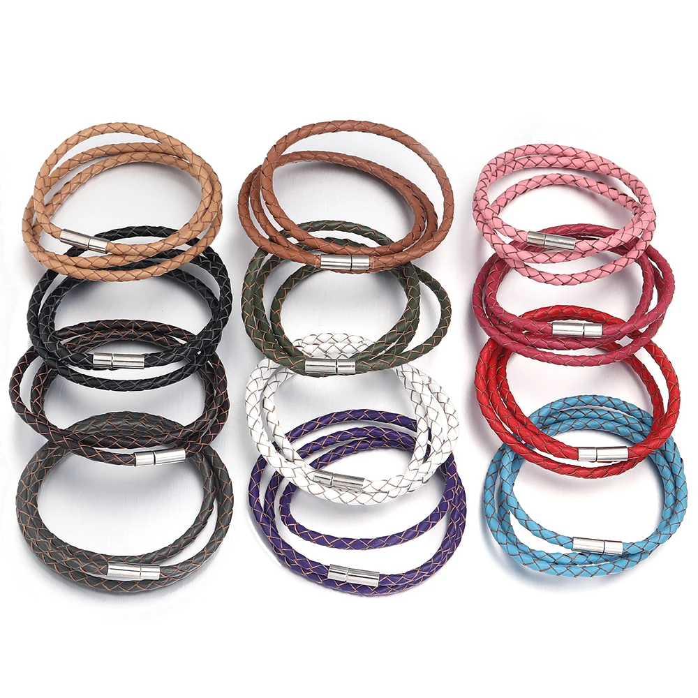 1Strand Wide 4mm Genuine Braided Leather Bracelet bracelet jewelry Three Circles Magnetic Clasps Charm Bangle For Men Women jewelry Gifts
