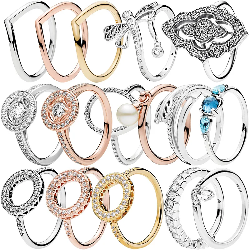 925 Sterling Silver Sparkling Wishbone Heart Pearl Arrow Dragonfly Clear Zircone Cz Rings For Women Anniversar Wedding Jewelry