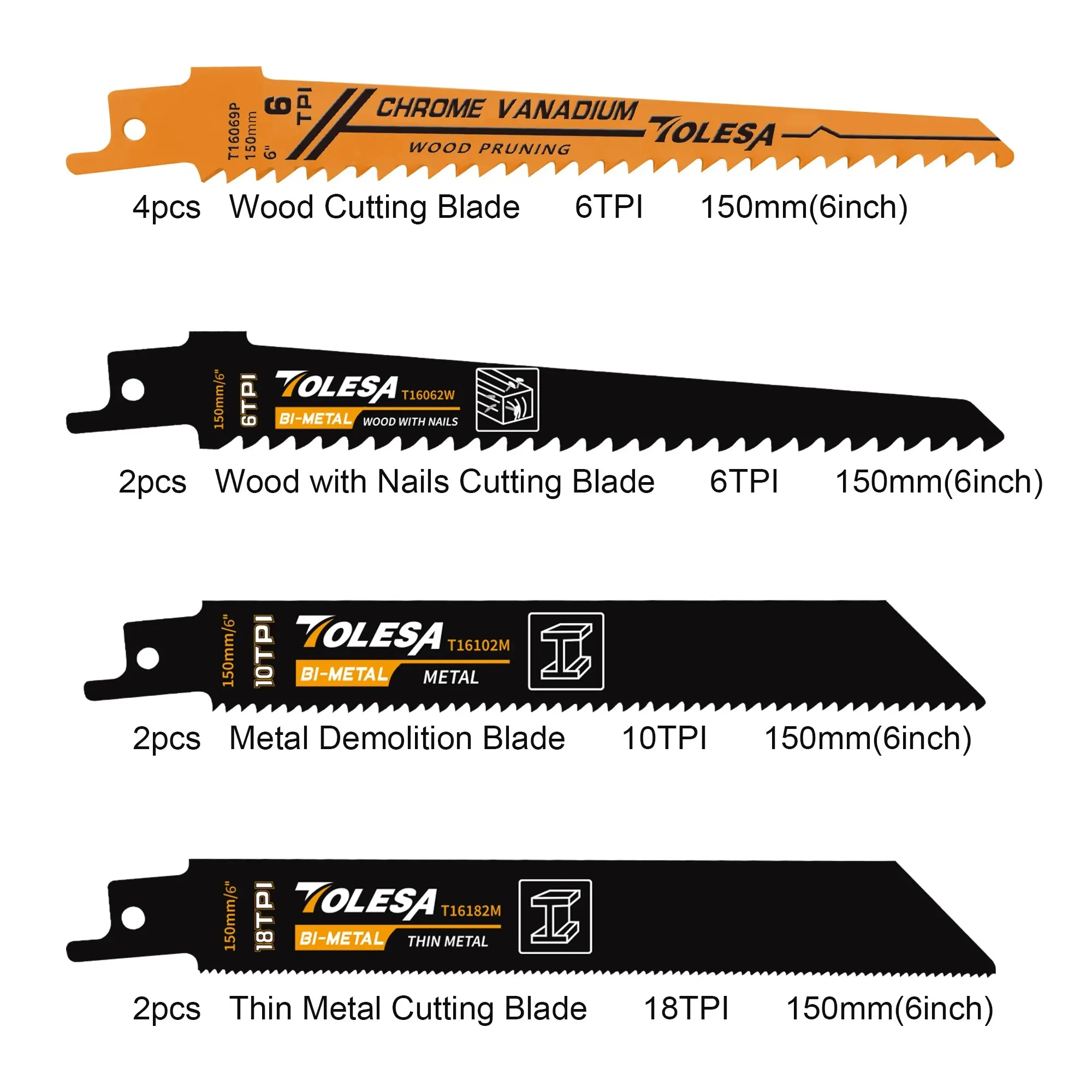 TOLESA reciprocating saw blades 10PCS for wood pruning PVC cutting for metal cutting Window door demolition