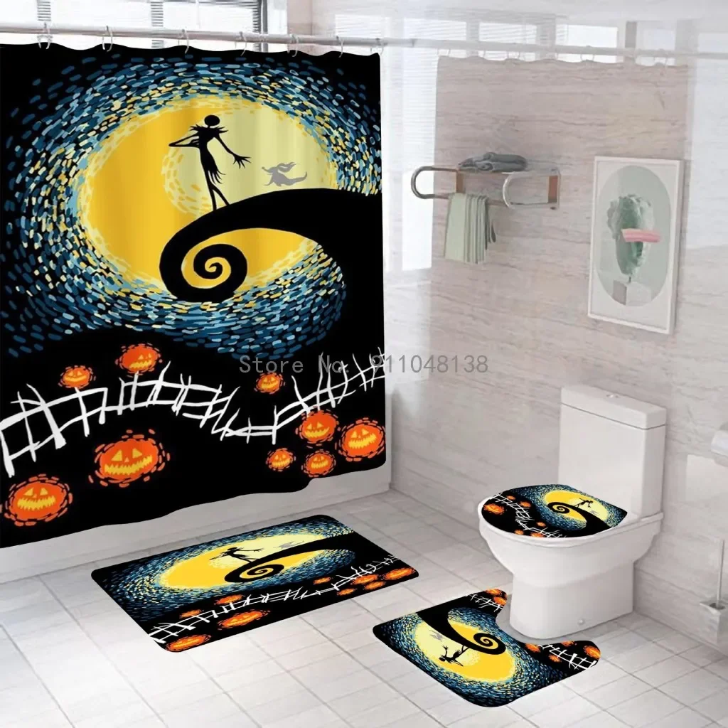 Disney Nightmares Before Christmas Shower Curtain Set 4pcs For Bathroom Waterproof Jack and Sally Bath Curtains Home Decoration