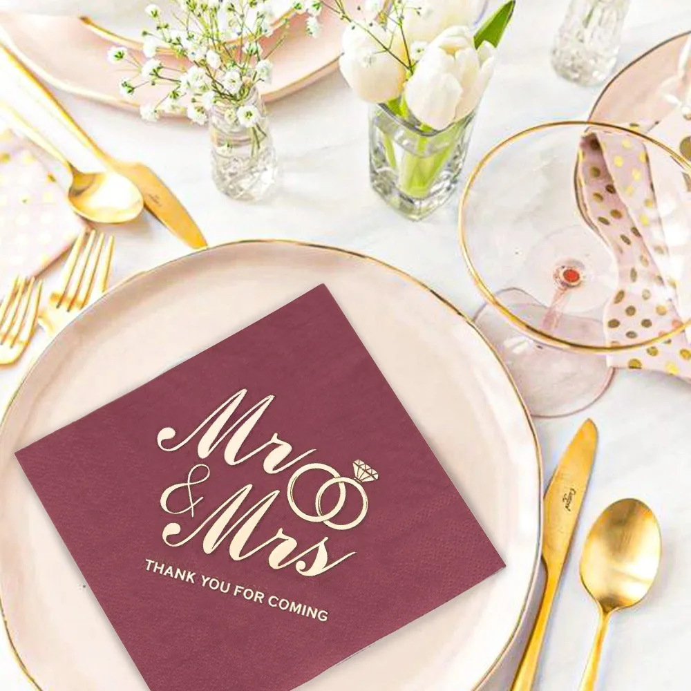 100pcs Bronzing Printed Mr Mrs Wedding Napkins 3-Ply Soft Cocktail Napkins Paper Disposable for Wedding Anniversary