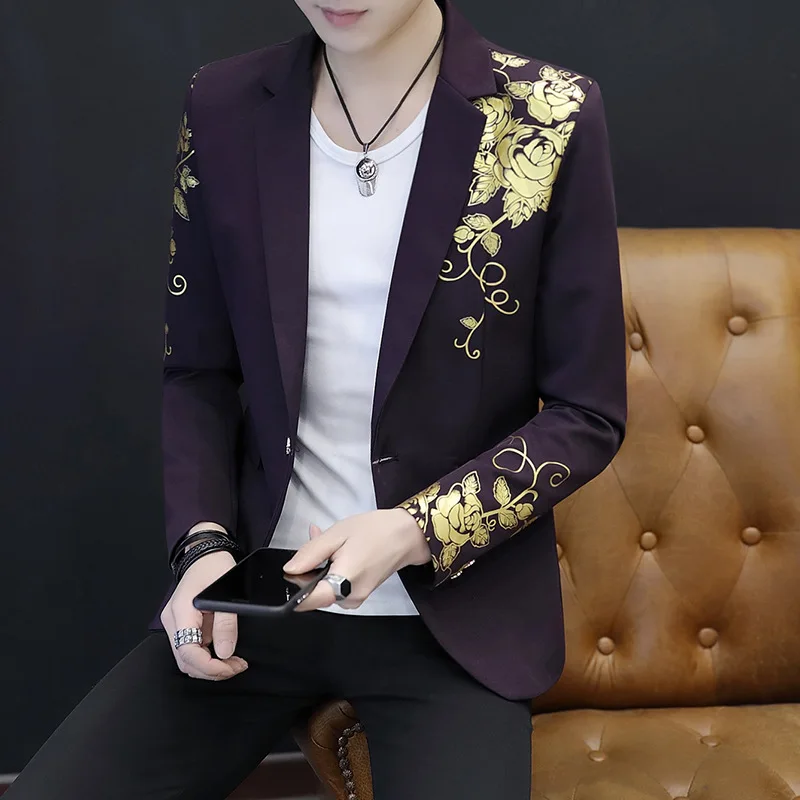 Gold Print Male Suit Jacket Autumn Fashion Black Purple Groom Wedding Dress Casual High-end Brand Handsome Young Men Blazer Coat