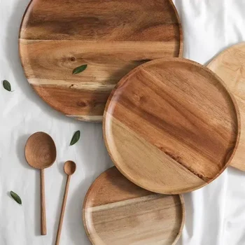 10/15/20/25cm Wooden Round Serving Platter Tray Retro Wood Pizza Salad Plate Fruit Dessert Tray Bread Cake Container Snacks Dish