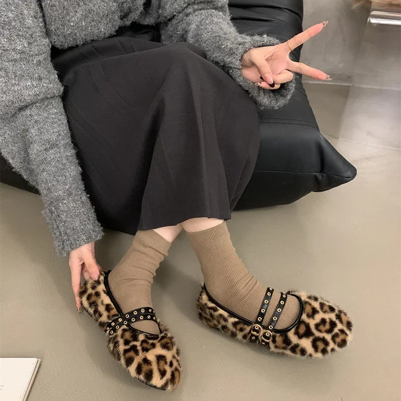 Winter Vintage Fleeces Leopard Women Loafers Flats Casual Shallow Ladies Comfort House Warm Cotton Shoes