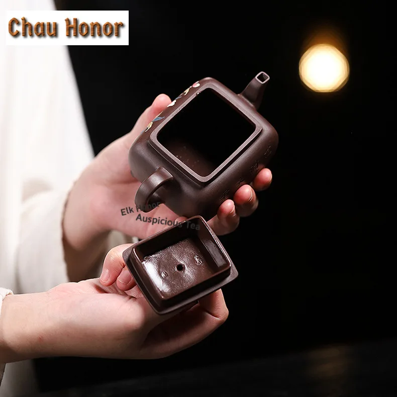 180ml Retro Yixing Purple Clay Teapots Famous Artists Handmade Square Pot Raw Ore Mud Kettle Chinese Zisha Teaset Cha Collection