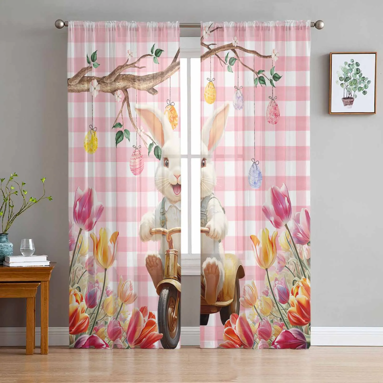 

Easter Bunny Tulip Branch Eggs Plaid Tulle Curtains for Living Room Sheer Curtain for Bedroom Kitchen Blinds Voile Curtains