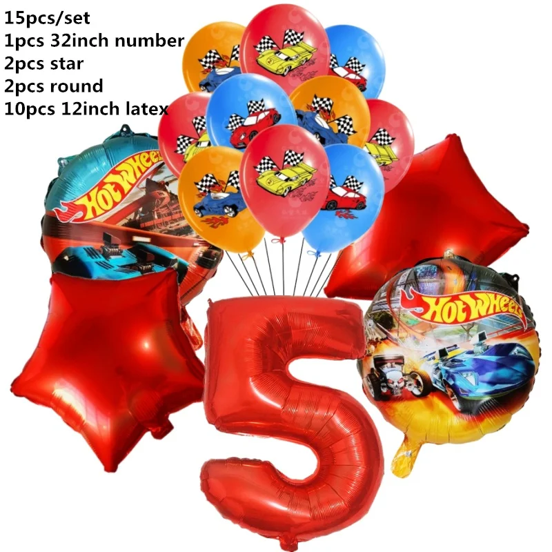 thumbnail image 1 of 15 piezas de globos decorativos para fiesta de cumpleaños de Hot Wheels de 32 pulgadas, números rojos 1.º y 2.º, juego de globos Flamme Cars para niños y niñas, 1 of 5