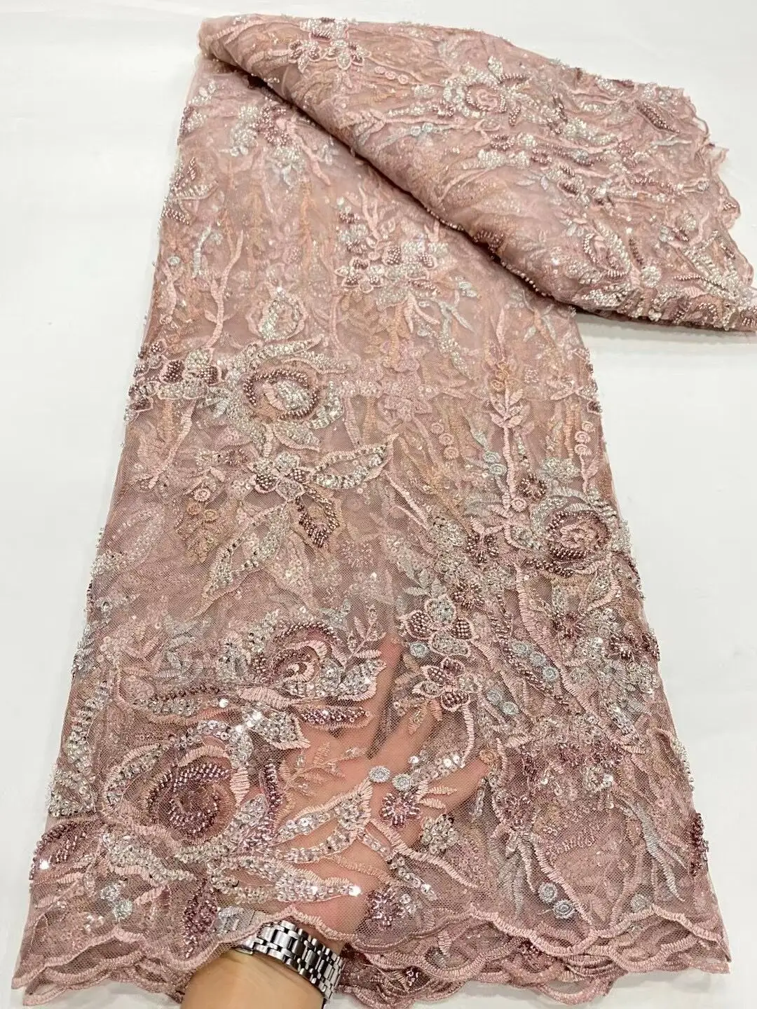 

African Handmade Beads Laces Fabrics SYJ-1302231 Luxury Nigerian Sequins Mesh Lace Fabric French Bride Tulle Lace