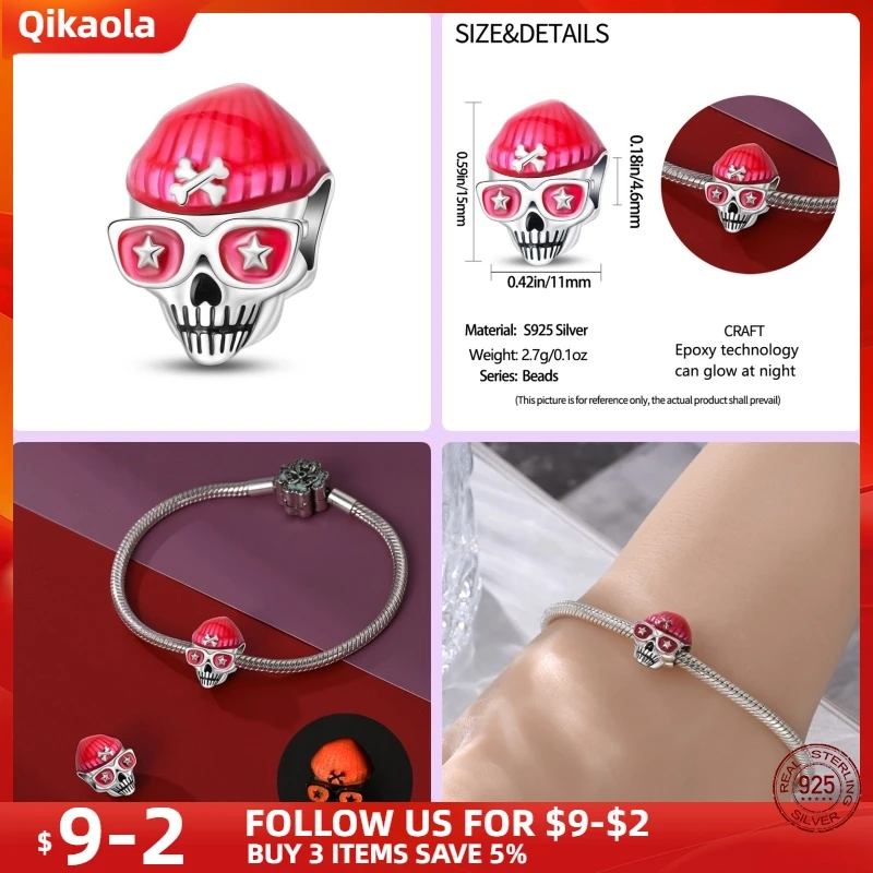 New in 925 Silver Halloween Collection Charm Glowing skull Beads Fit pand 3mm Bracelet DIY Pendant Woman Jewelry Hot Sale