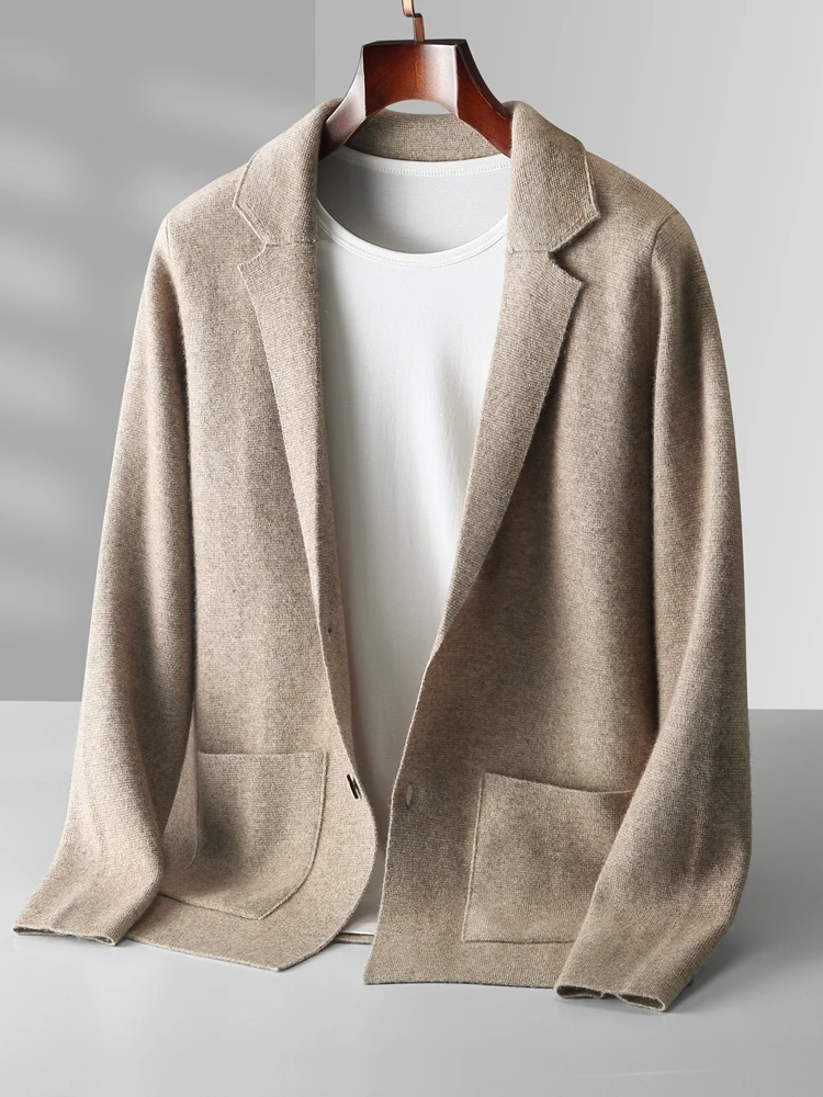 Automne hiver hommes pull en cachemire bouton Cardigan col rabattu 100% laine mérinos poche tricots doux décontracté mode manteau