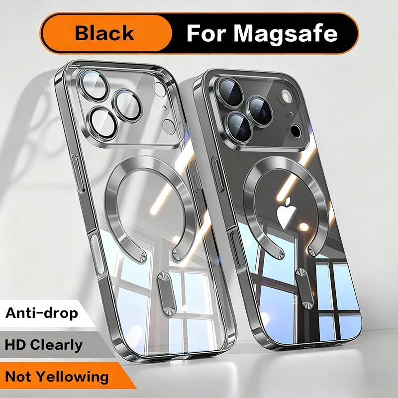 Elegant Fashion Orange Magnetic Clear Case with Wireless Charging Compatibility - Plating Soft Business Cover