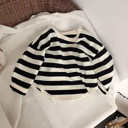 Spring Striped Long Sleeve Cotton Tee for Kids - Casual Fashion Top (Black)