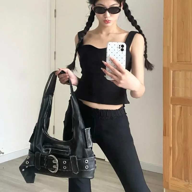 Luxury Womens Handbag - Y2K Large Capacity Shoulder Bag with Rivets and Multiple Pockets