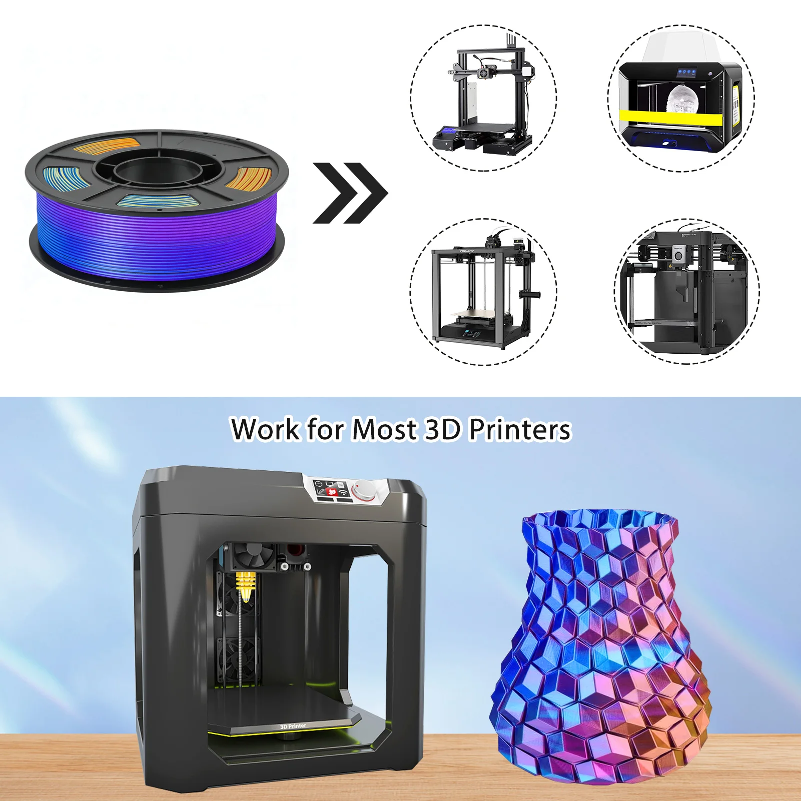삼색 실크 PLA 3D 프린터 필라멘트, 1.75mm 멀티컬러 3D 프린팅 필라멘트, 블루&퍼플&오렌지 필라멘트, 250g (0.55lbs)