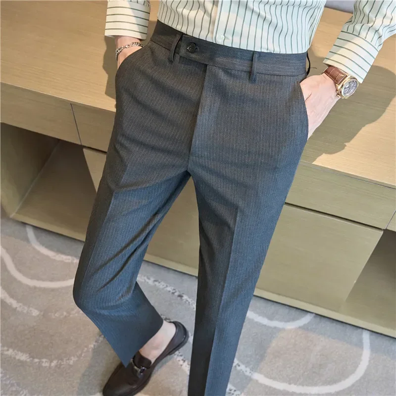 British Style Pinstripe Slim Fit Suit Pant Men Business Casual