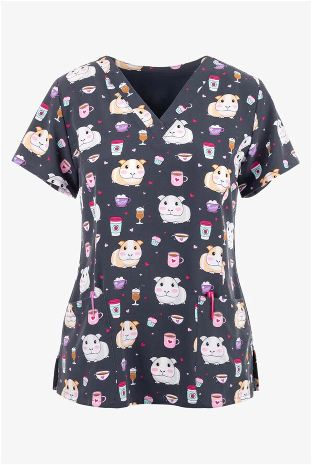 Maglietta ospedaliera Uniforme da infermiera Maglietta estiva da donna Camicia con scollo a V Tasca superiore Stampa Leopard Casual Uniforme da infermiera da donna666_voghion.com