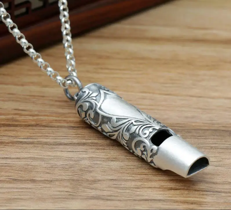 

S990 Sterling Silver Retro Whistle Pendant Matte Silver Whistle Gift