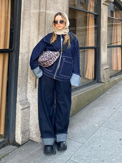 Fashion Denim Jacket Set Women Lapel Single Breasted Long Sleeve Coat Straight Jeans Pants 2025 Spring Lady High Street Outfits 2
