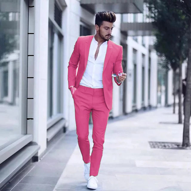 Casual Business Men Suits for Wedding 2 Pieces Suits Man Groom Tuxedos Slim Fit Peak Lapel Terno Masculino Costume Homme - Fuchsia, 4XL
