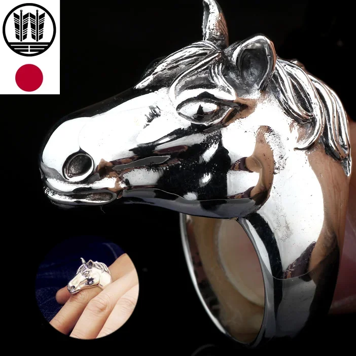 

Japan 925 Sterling Silver Men's Ring Junma Tai Silver Ring Dominant Personality Index Finger Middle Finger Horse Head Big Ring