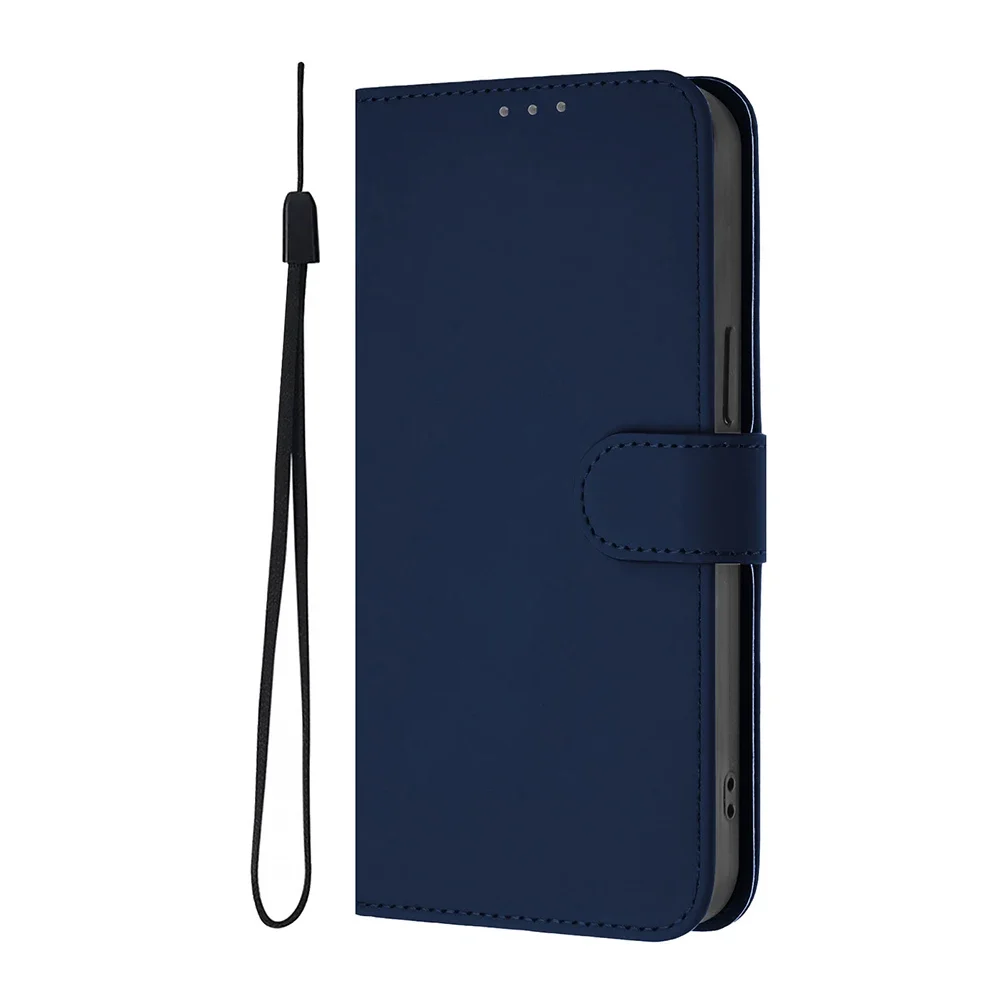 Elegant Solid Color Wallet Case with Kickstand, Card Holder, and Strap Phone Cover