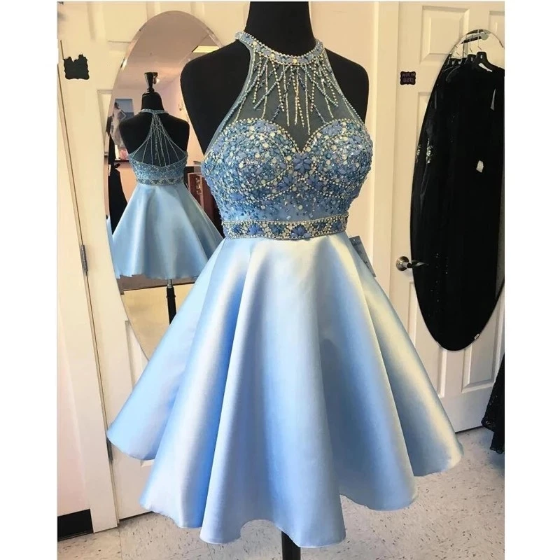

ANGELSBRIDEP синее платье с высокой горловиной для выпускного вечера с бисером, блестящее атласное короткое платье с открытой спиной, платья для выпускного вечера, Лидер продаж