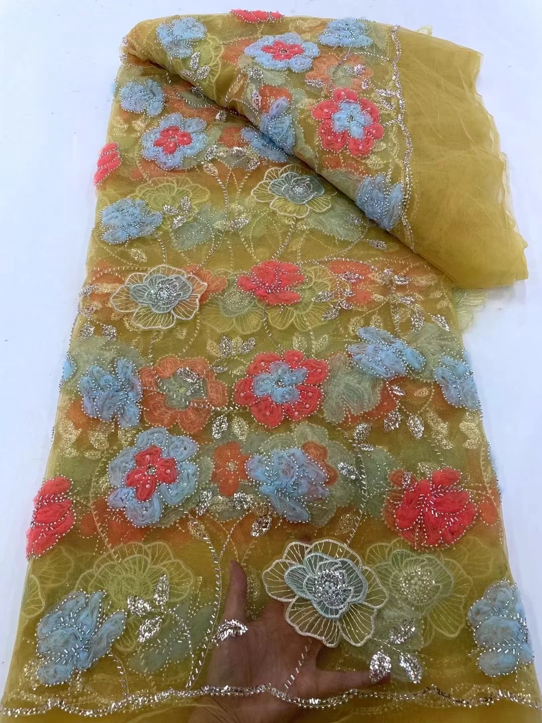 

Latest Lace Fabric High Quality 2024 Nigerian Lace Fabrics 5 Yards New Frebcg 3D lLace Fabric With Beads Bride Dresses Wp310-1