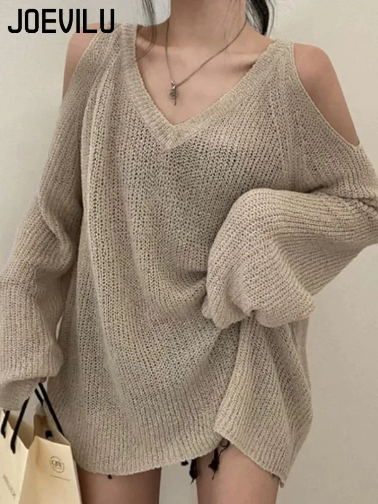 JOEVILU Knitted Sweater V-neck Off Shoulder Pullover Jumper Casual Sunscreen Cover Up Korean Fashion Streetwear Hollow Blouses 1