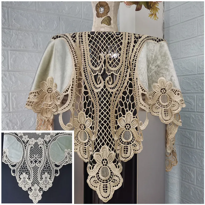 

Luxury European Crochet Stitching Velvet Fabric Square Tablecloth Table Mat Set Tableware Oven Air Conditioner Dust Cover Cloth