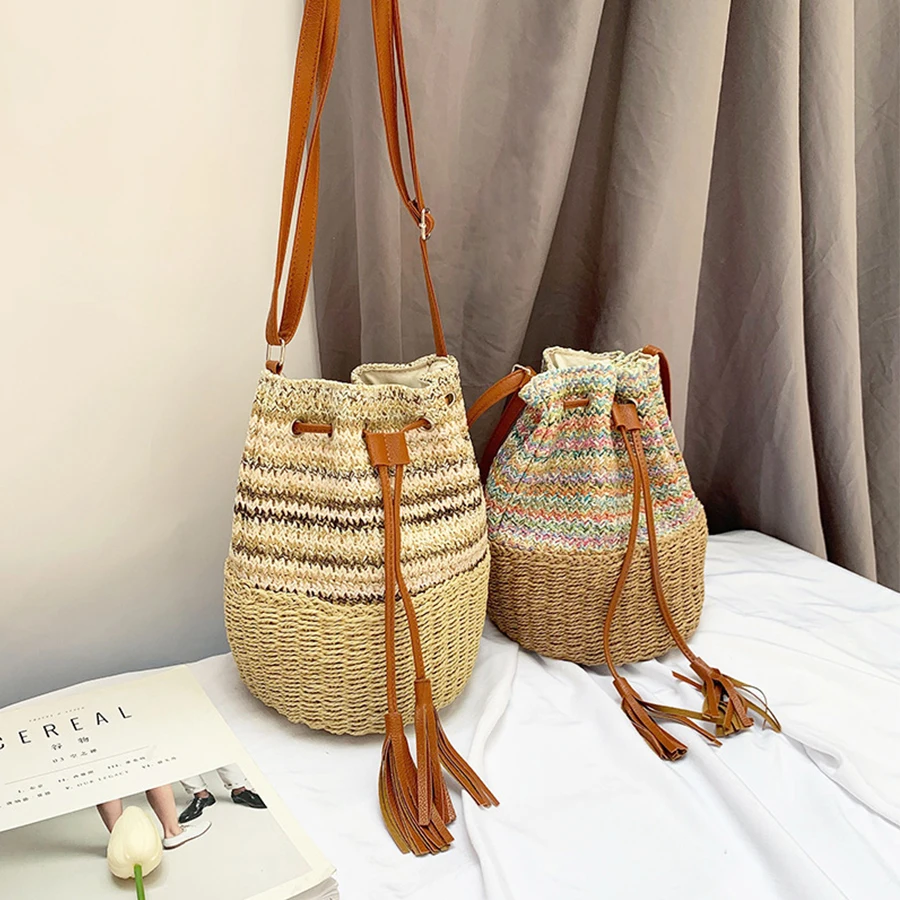 Travel Straw Panelled Bucket Bag Wicker Woven Women Shoulder Crossbody Bags Rattan Summer Beach