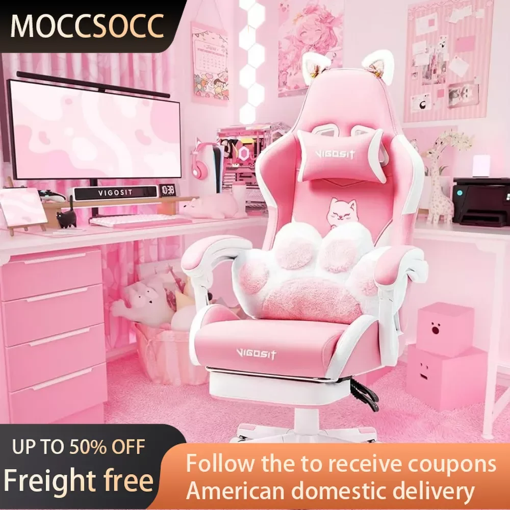 Reclining PC Game Chair for Girl Computer Armchair Pink Gaming Chair With Cat Paw Lumbar Cushion and Cat Ears Freight Free Gamer ergonomic chair for office chair on wheels head and arm rests reclines freight free furniture armchair furnitures gamer desk
