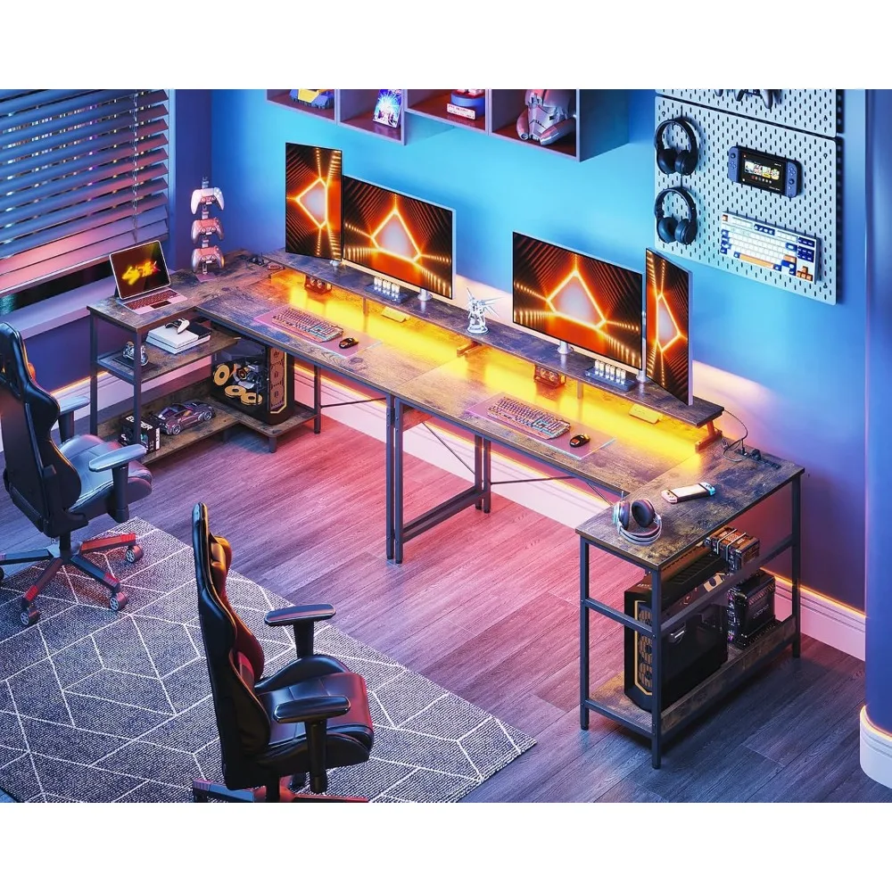 58 Inch Gaming Desk with USB Charging Ports and LED Lights, Reversible L Shaped Computer Desk with Storage Shelves & Monitor St