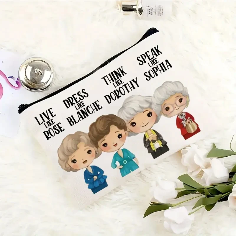 Multi Functional Cosmetic Bag, White Printed Pattern Canvas Bags for Women Storing, Toiletries, Makeup, Travel, Essential Items