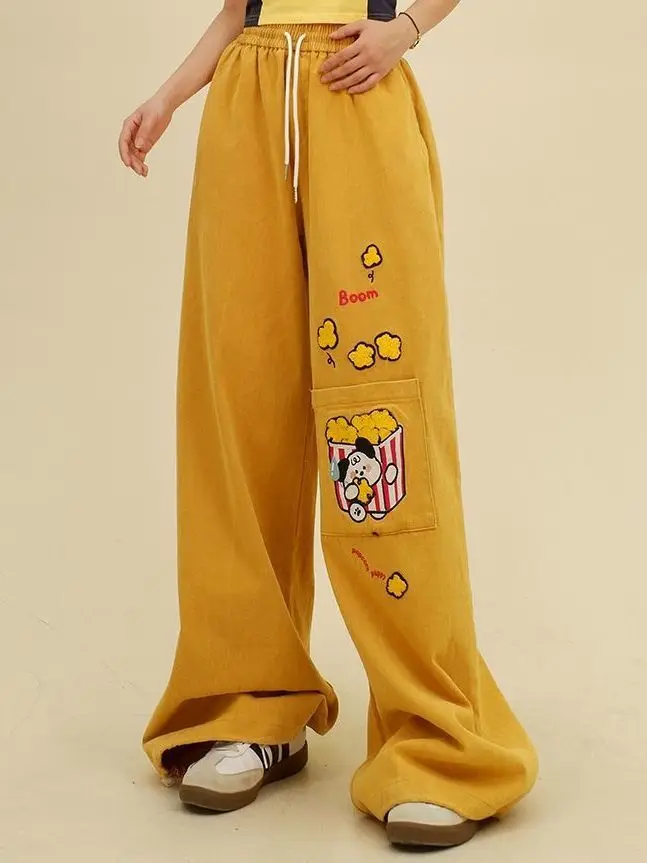 

American dopamine fun cartoon embroidered casual pants for women 2024 spring and summer loose retro ins niche wide leg pants y2k