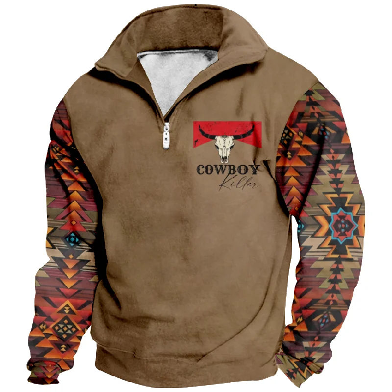New Christmas Cotton Jacket Hooded Sweater Casual Print Men's Long Sleeve Standing Neck Half Zip Sweater Inner Cut a03