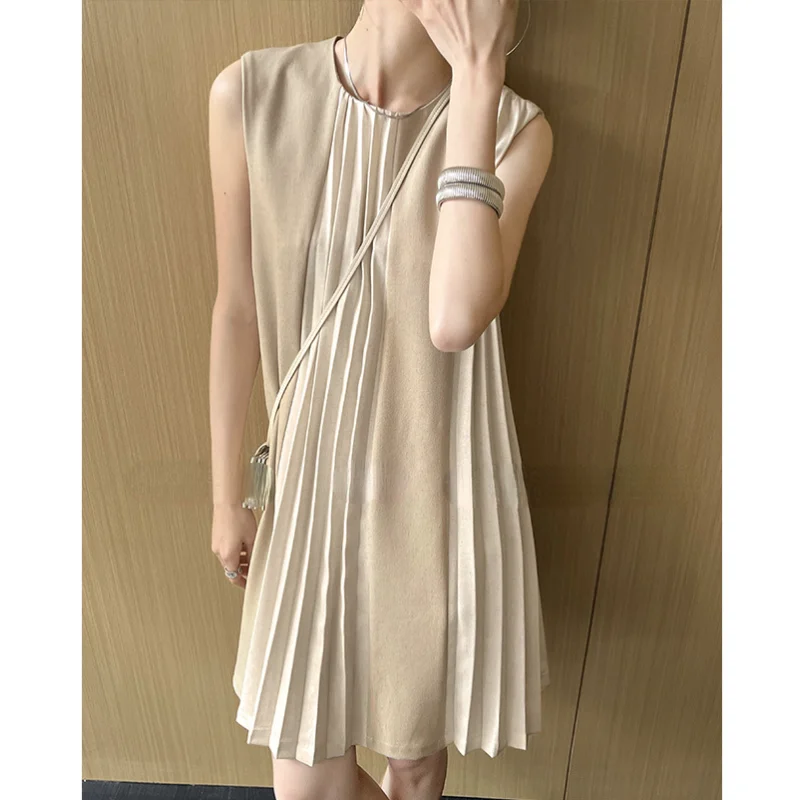 Round Neck Loose French Linen Pleated Sleeveless Dress Women Fashion Simple Casual Korea Chic Irregular Stitching Vest Dresses