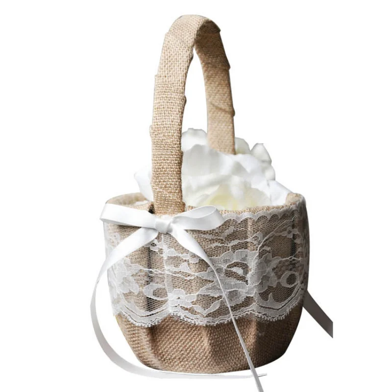 

Wedding Ceremony Ring Pillow Flower Basket Lace Burlap Bowknot Vintage Basket Storage for Girl Wedding Party Supplies