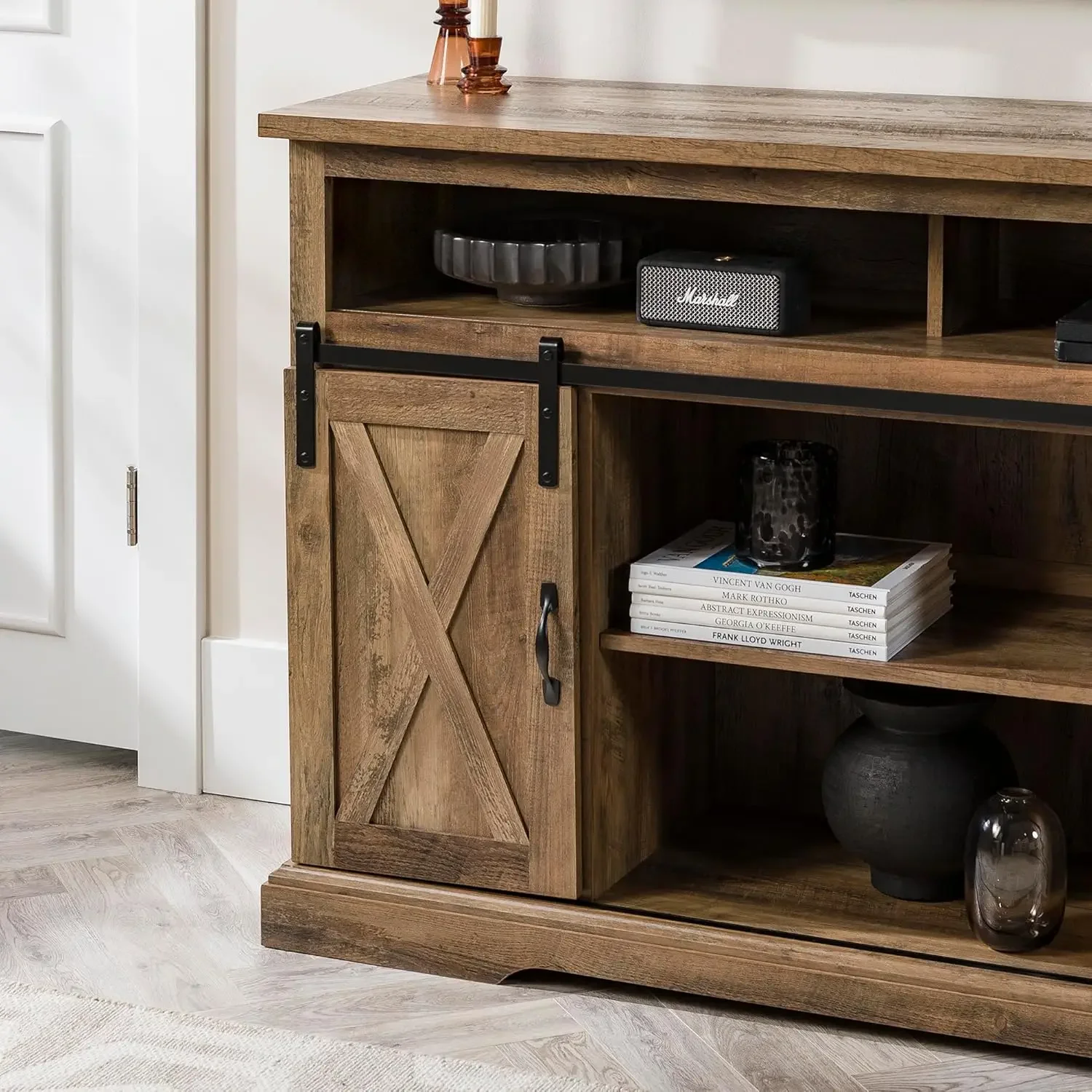NEW-Clayton Farmhouse Sliding Double Barn Door TV Stand for TVs up to 58 Inches, 52 Inch, Rustic Oak