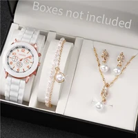 4PCS/Set Geneva Watch Pealrs Jewelry Set Fashion Silicone Band Women Quartz Wristwatch Female Casual Clock（Without Box） 1