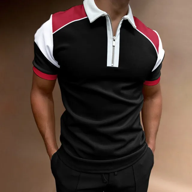 2022 New Style High Quality Men Polo Shirts Casual Patchwork Homme Polo Shirt Short Sleeve Turn-Down Zipper Collar Polo L-02