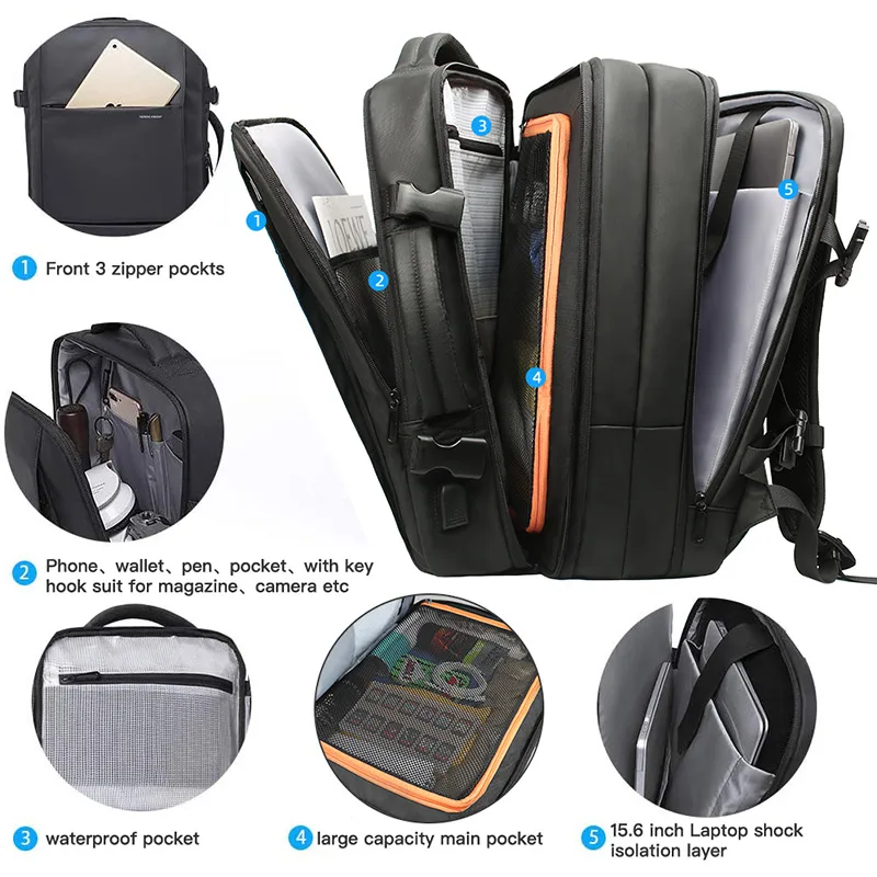 HK Business Backpack for Men Waterproof Anti-Theft 15.6” Laptop Backpack Casual Large Capacity Expandable Travel Bag Short Trip 5