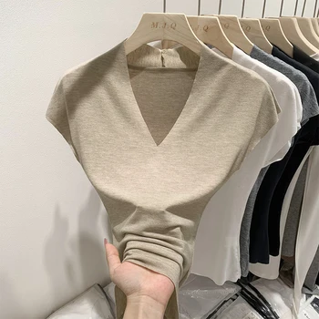 AOSSVIAO 2025 الصيف سليم صالح قاعدة تي شيرت بلون تنوعا الخامس الرقبة قصيرة الأكمام تي شيرت المرأة رداء علوي غير رسمي على الموضة