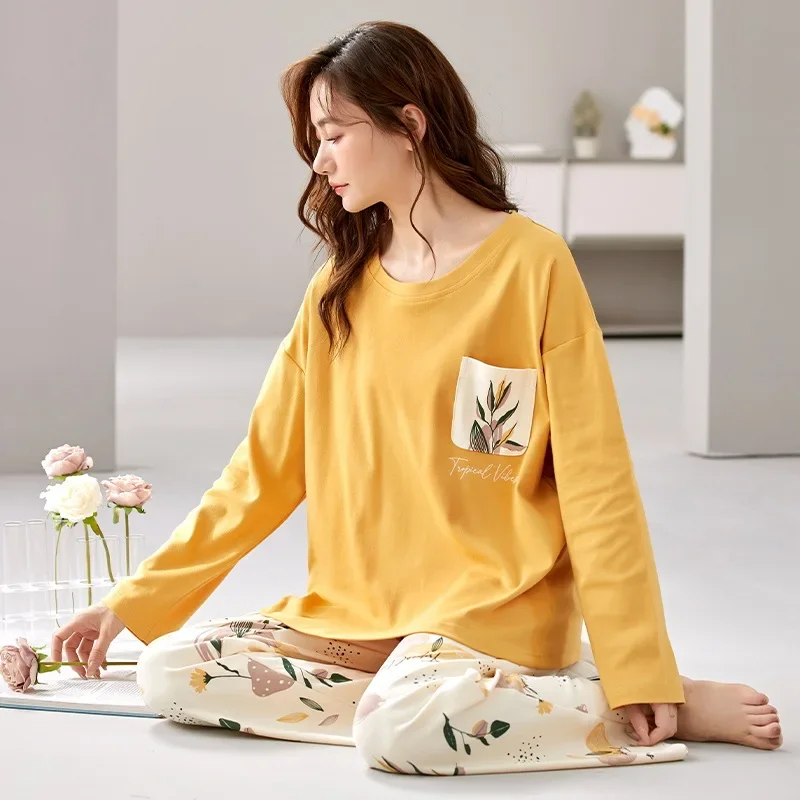 New Women's Pajamas Cotton Long Sleeved Pants Sleepwear Simple Casual Large Size Home Wear in Spring Autumn and Winter