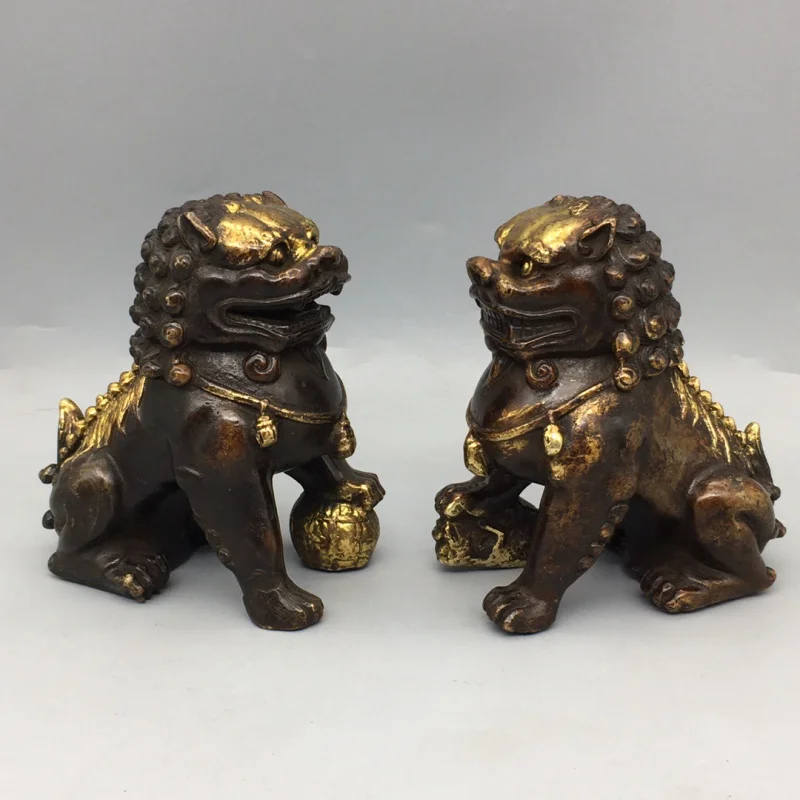 

Antique Bronze Old Copper Gilded Lion Brass a Pair of Lions Door Lions Home Decoration Office Decoration