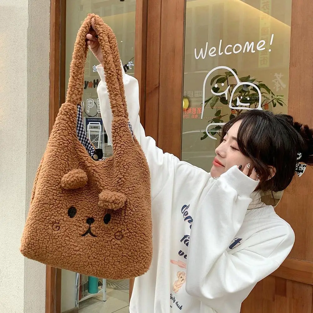 Soft Plush Tote Bag Women Cartoon Embroidery Imitation Lamb Hair Shoulder Shopper O7H5